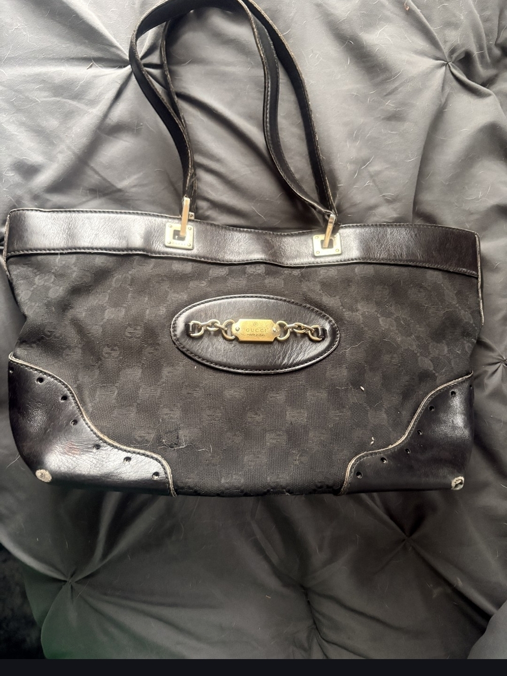 Gucci Black Leather Strap Bag with Gold-Tone Clip